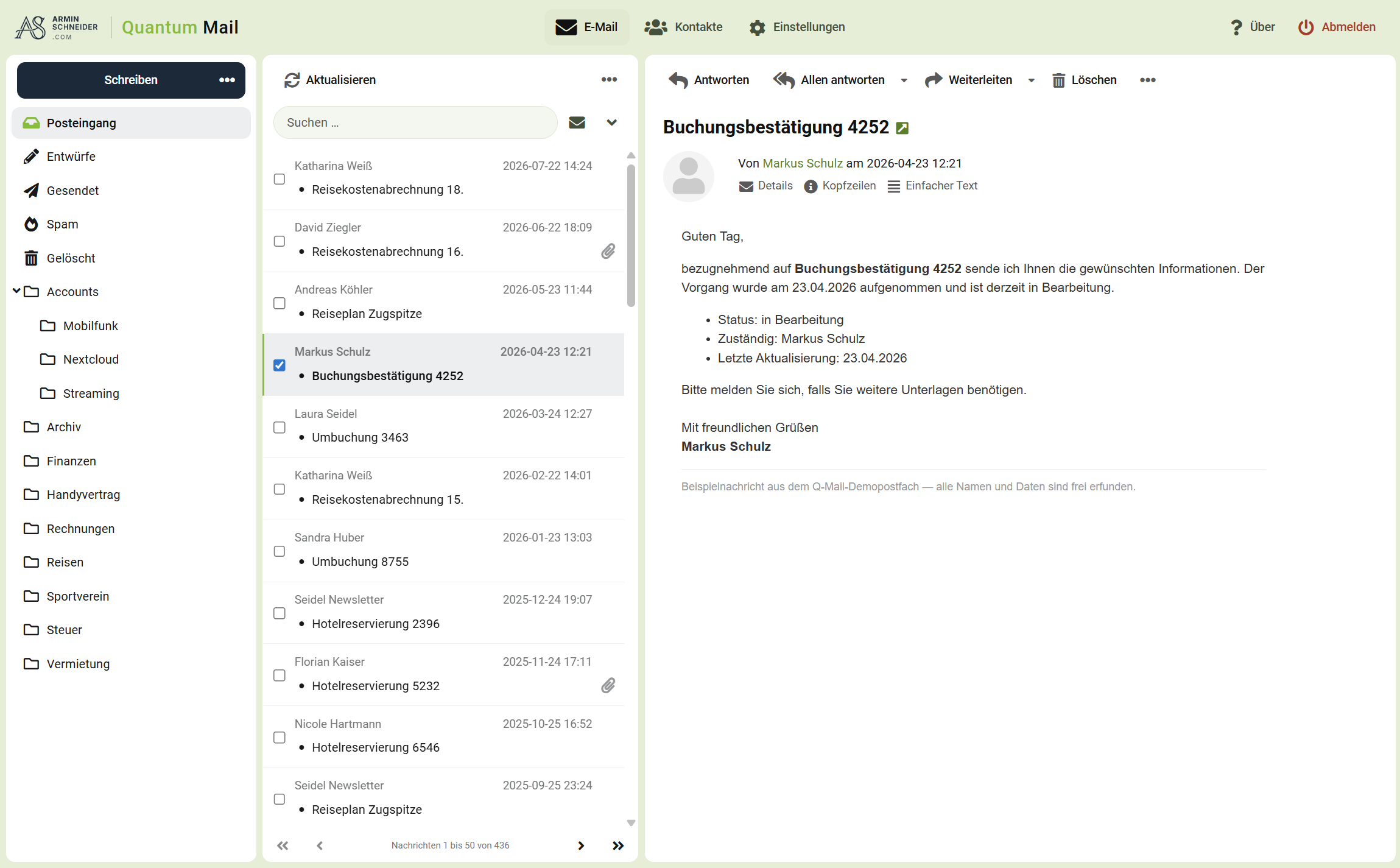 Quantum Mail Skin – Dreispalten-Ansicht am Rechner