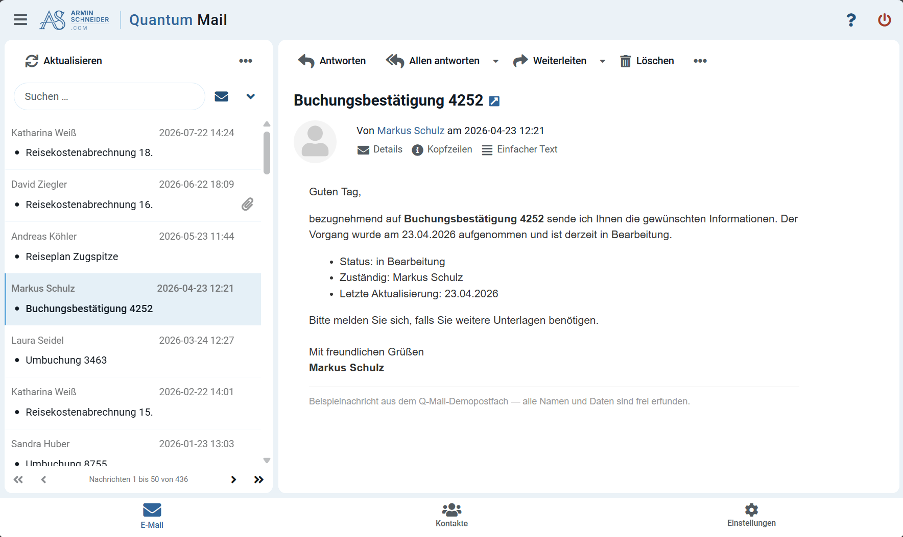 Quantum Mail Skin – helles Blau auf dem Tablet